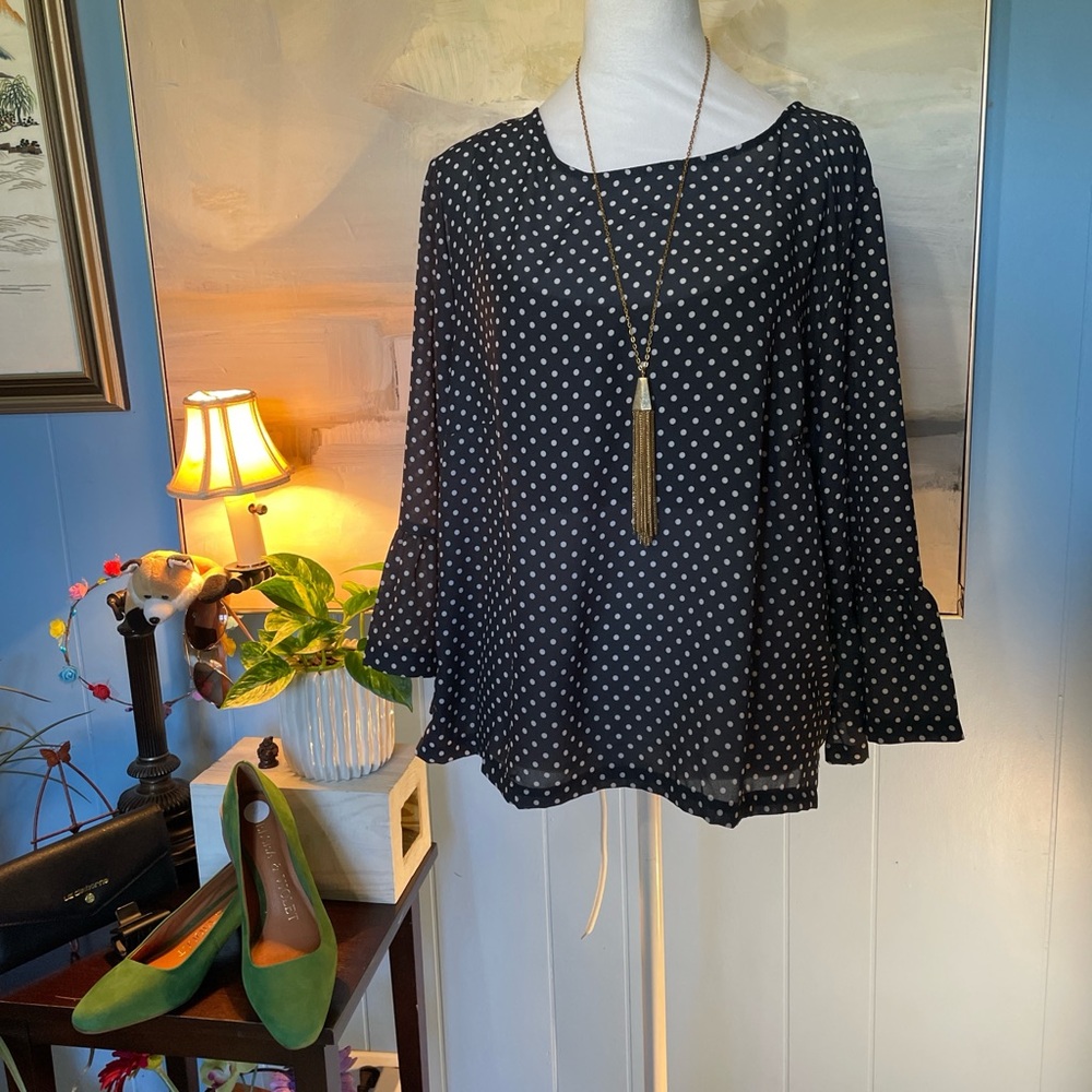 New York & Company Black Blouse with White Dots